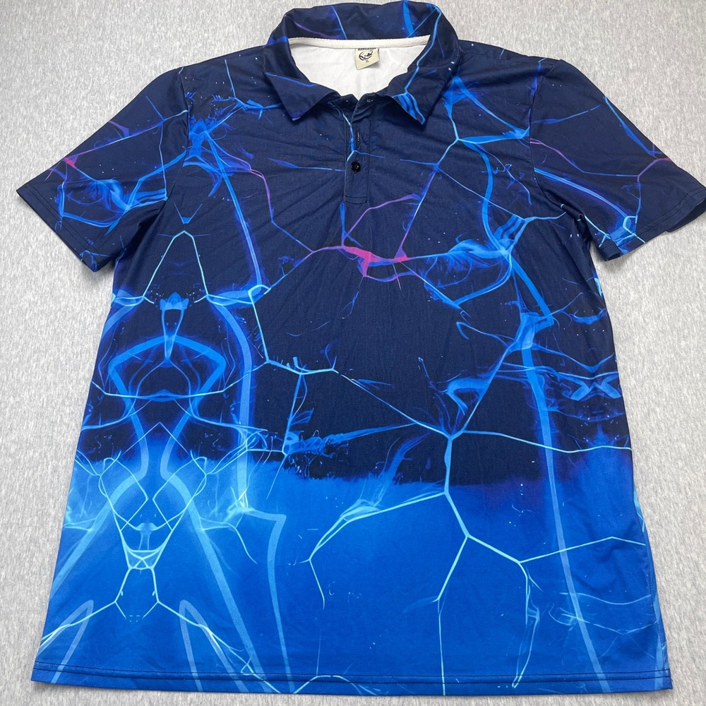 Hardaddy Polo Shirt Mens XL Blue Geometric Fractal Graphic Performance EUC